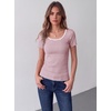 Zeagoo Womens Tops Short Sleeve Rib Knit Basic Tee Scoop Neck Fitted Shirt(Pink White Stripes)