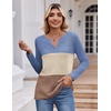 Zeagoo Women’s Waffle Shirts V Neck Long Sleeve Tops Color Block T-Shirts Casual Pullover Tunics 2025 Fashion Basic Tees(Blue/Light Brown/Brown)