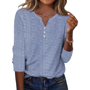 Zeagoo Long Sleeve Shirts for Women Casual V Neck Fall Tops Summer Blouses(A-blue White Stripes)