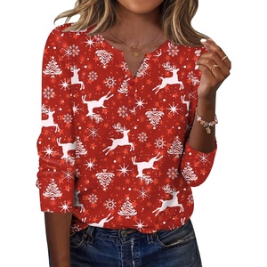 Zeagoo Long Sleeve Shirts for Women Casual V Neck Fall Tops Summer Blouses(Christmas Red)