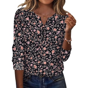 Zeagoo Long Sleeve Shirts for Women Casual V Neck Fall Tops Summer Blouses(Floral Black2)