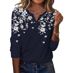 Zeagoo Long Sleeve Shirts for Women Casual V Neck Fall Tops Summer Blouses(Floral Navy)