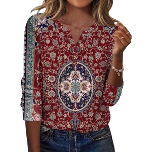 Zeagoo Long Sleeve Shirts for Women Casual V Neck Fall Tops Summer Blouses(Floral Red)