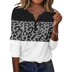 Zeagoo Long Sleeve Shirts for Women Casual V Neck Fall Tops Summer Blouses(Leopard Patchwork)