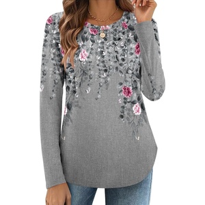 Zeagoo Long Sleeve Shirts for Women Crew Neck Casual Fall Fashion Blouses Basic Tunic Tops Dressy Work Clothes(A-grey Print-hf36)