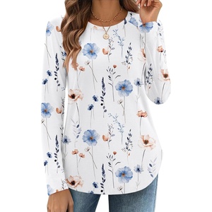 Zeagoo Long Sleeve Shirts for Women Crew Neck Casual Fall Fashion Blouses Basic Tunic Tops Dressy Work Clothes(A-white Flower-bf112)