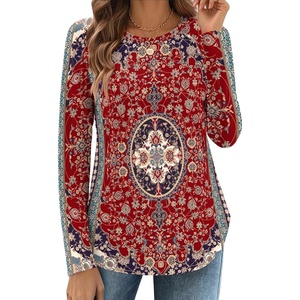 Zeagoo Long Sleeve Shirts for Women Crew Neck Casual Fall Fashion Blouses Basic Tunic Tops Dressy Work Clothes(Floral Red-mz870)