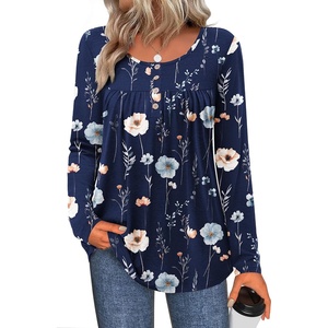 Zeagoo Long Sleeve Shirts for Women Dressy Casual Blouses Loose Tunic Tops(Blue Flower-bf318)