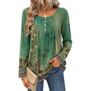 Zeagoo Long Sleeve Shirts for Women Dressy Casual Blouses Loose Tunic Tops(Green Flower-mz839)