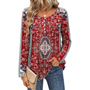 Zeagoo Long Sleeve Shirts for Women Dressy Casual Blouses Loose Tunic Tops(Red Print-mz870)