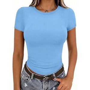 Zeagoo Women Short Sleeve T Shirts Fitted Summer Tops Stretchy Basic Tee(Blue)