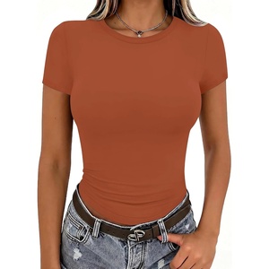 Zeagoo Women Short Sleeve T Shirts Fitted Summer Tops Stretchy Basic Tee(Caramel)