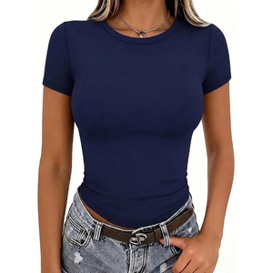 Zeagoo Women Short Sleeve T Shirts Fitted Summer Tops Stretchy Basic Tee(Navy Blue)