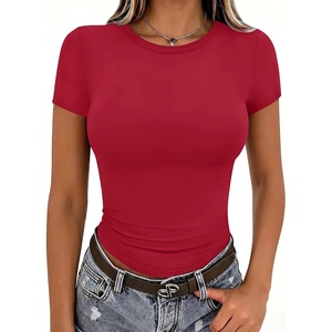 Zeagoo Women Short Sleeve T Shirts Fitted Summer Tops Stretchy Basic Tee(Red)