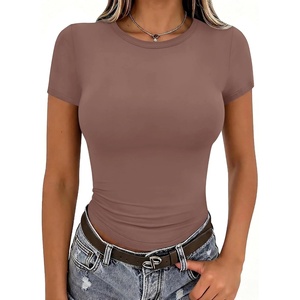 Zeagoo Women Short Sleeve T Shirts Fitted Summer Tops Stretchy Basic Tee(Short Sleeve Brown)