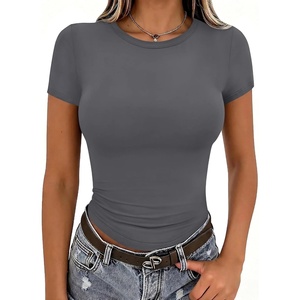 Zeagoo Women Short Sleeve T Shirts Fitted Summer Tops Stretchy Basic Tee(Short Sleeve Dark Grey)