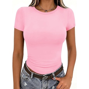 Zeagoo Women Short Sleeve T Shirts Fitted Summer Tops Stretchy Basic Tee(Short Sleeve Pink)
