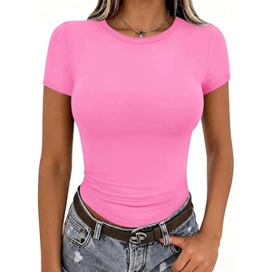 Zeagoo Women Short Sleeve T Shirts Fitted Summer Tops Stretchy Basic Tee(Short Sleeve Rose Red)