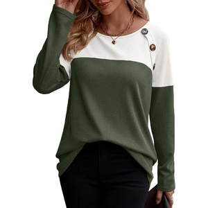 Zeagoo Women Waffle Knit Shirts Long Sleeve Colorblock Tee Button Detail Tunics(Army)