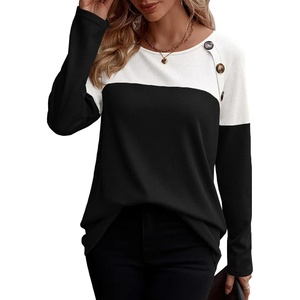Zeagoo Women Waffle Knit Shirts Long Sleeve Colorblock Tee Button Detail Tunics(Black)