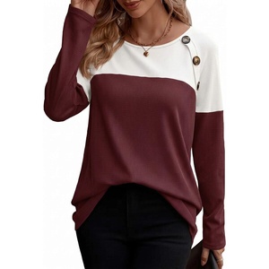 Zeagoo Women Waffle Knit Shirts Long Sleeve Colorblock Tee Button Detail Tunics(Black+ Deep Red)
