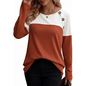 Zeagoo Women Waffle Knit Shirts Long Sleeve Colorblock Tee Button Detail Tunics(Black+ Rust Red)