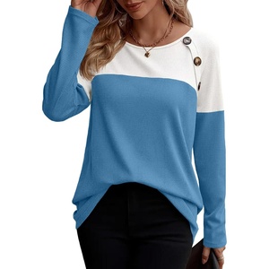 Zeagoo Women Waffle Knit Shirts Long Sleeve Colorblock Tee Button Detail Tunics(Blue)