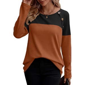 Zeagoo Women Waffle Knit Shirts Long Sleeve Colorblock Tee Button Detail Tunics(Caramel)
