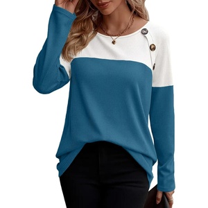 Zeagoo Women Waffle Knit Shirts Long Sleeve Colorblock Tee Button Detail Tunics(Deep Blue)