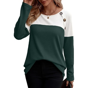 Zeagoo Women Waffle Knit Shirts Long Sleeve Colorblock Tee Button Detail Tunics(Deep Green)