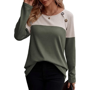 Zeagoo Women Waffle Knit Shirts Long Sleeve Colorblock Tee Button Detail Tunics(Grey+army Green)