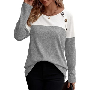 Zeagoo Women Waffle Knit Shirts Long Sleeve Colorblock Tee Button Detail Tunics(Light Grey)