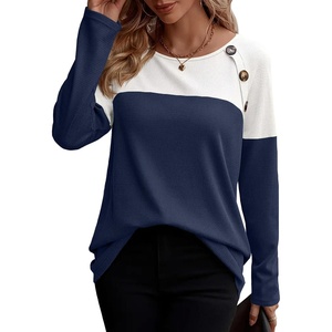 Zeagoo Women Waffle Knit Shirts Long Sleeve Colorblock Tee Button Detail Tunics(Navy)