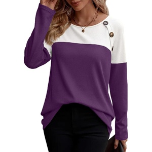 Zeagoo Women Waffle Knit Shirts Long Sleeve Colorblock Tee Button Detail Tunics(Purple)