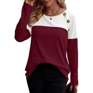 Zeagoo Women Waffle Knit Shirts Long Sleeve Colorblock Tee Button Detail Tunics(White+burgundy)