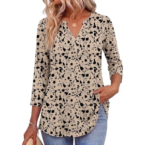 Zeagoo Womens 3/4 Length Sleeve Tops V Neck Tunic Dressy Casual Blouse(Apricot Black Floral)