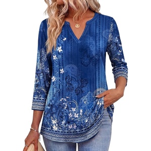 Zeagoo Womens 3/4 Length Sleeve Tops V Neck Tunic Dressy Casual Blouse(Blue Floral)
