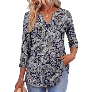 Zeagoo Womens 3/4 Length Sleeve Tops V Neck Tunic Dressy Casual Blouse(Blue Pattern)
