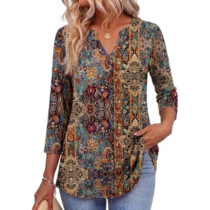 Zeagoo Womens 3/4 Length Sleeve Tops V Neck Tunic Dressy Casual Blouse(Boho Multicolor)