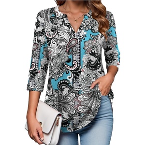 Zeagoo Womens 3/4 Length Sleeve Tops V Neck Tunic Dressy Casual Blouse(Boho Mz906)