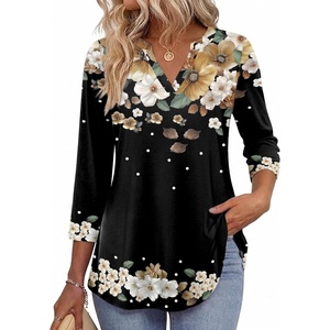 Zeagoo Womens 3/4 Length Sleeve Tops V Neck Tunic Dressy Casual Blouse(Floral Black)