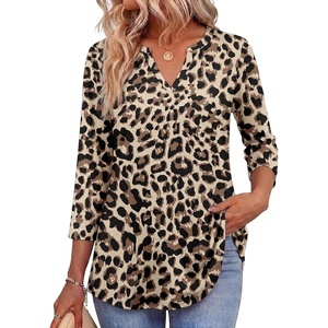 Zeagoo Womens 3/4 Length Sleeve Tops V Neck Tunic Dressy Casual Blouse(Leopard Brown)