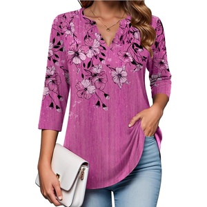 Zeagoo Womens 3/4 Length Sleeve Tops V Neck Tunic Dressy Casual Blouse(Purple Floral)