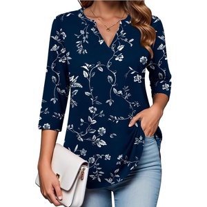 Zeagoo Womens 3/4 Length Sleeve Tops V Neck Tunic Dressy Casual Blouse(White Leaves / Navy Blue)