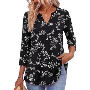 Zeagoo Womens 3/4 Length Sleeve Tops V Neck Tunic Dressy Casual Blouse(White Sprig on Black)
