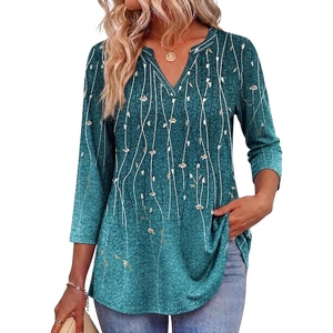 Zeagoo Womens 3/4 Length Sleeve Tops V Neck Tunic Dressy Casual Blouse(Willowfloral)
