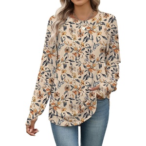 Zeagoo Women’s Casual Long Sleeve Shirts Crew Neck Round Loose Tunic Tops(Khaki Floral)