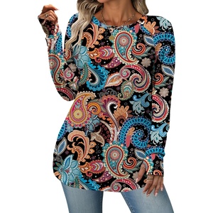 Zeagoo Women’s Casual Long Sleeve Shirts Crew Neck Round Loose Tunic Tops(Multi-colored Paisley)
