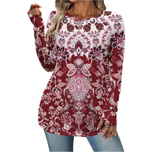 Zeagoo Women’s Casual Long Sleeve Shirts Crew Neck Round Loose Tunic Tops(Red Print)