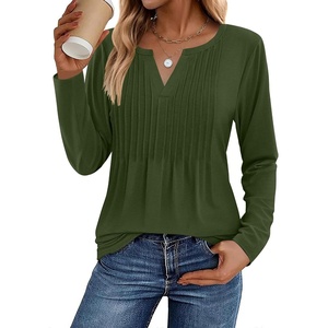 Zeagoo Womens Long Sleeve Tops 2026 V Neck Pleated Shirts Dressy Casual Tunic Blouses Loose Fit Fall Fashion Clothes(Army Green)